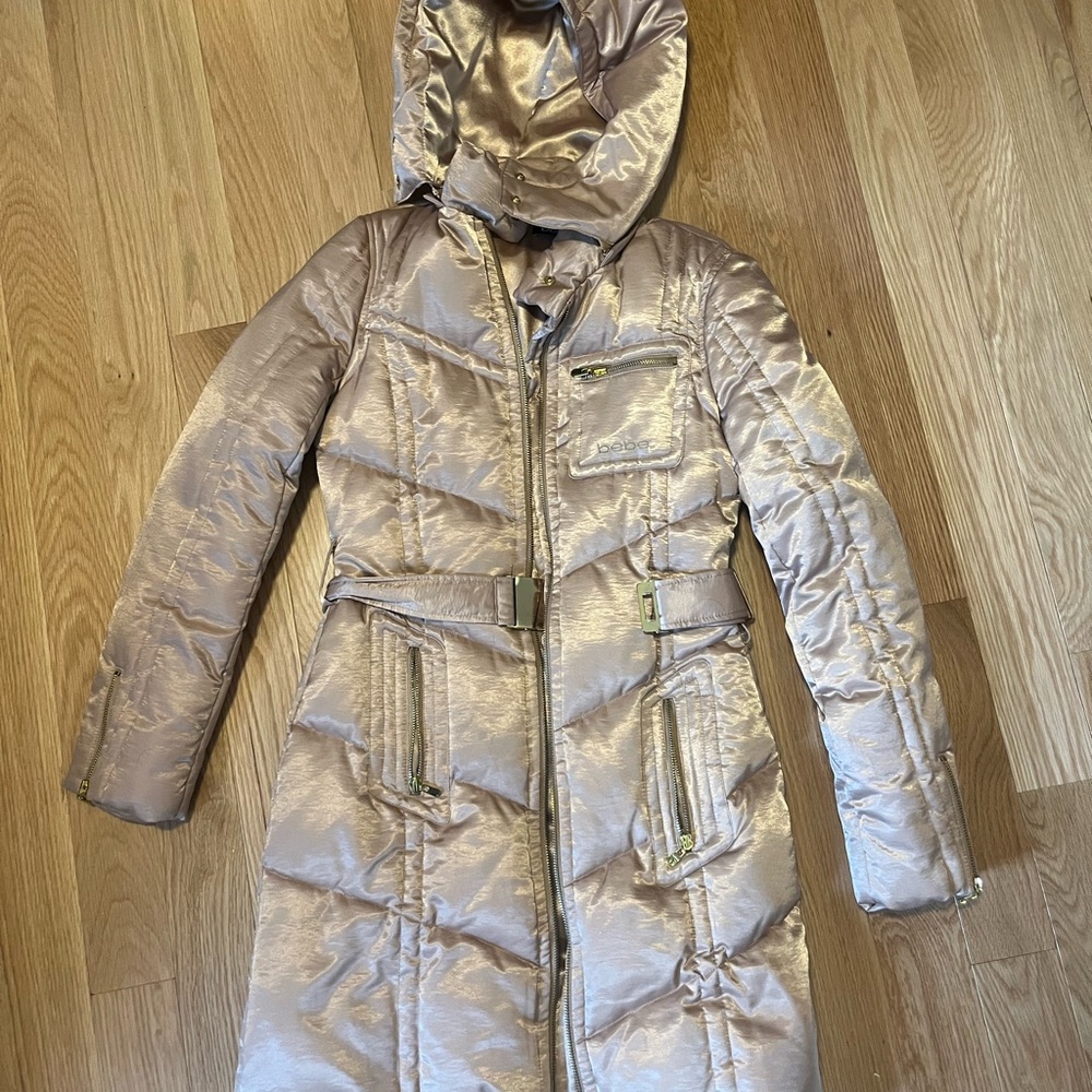bebe Metallic Champagne Long Puffer Coat with Hood